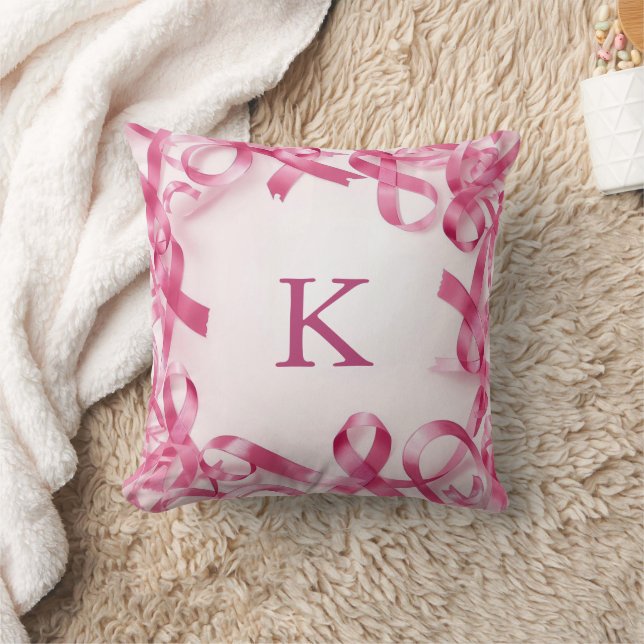 Chic Pink Ribbon Awareness Frame Monogrammed Cushion (Blanket)