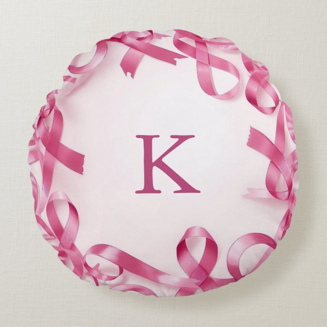 Chic Pink Ribbon Awareness Frame Monogrammed Round Cushion (Front)