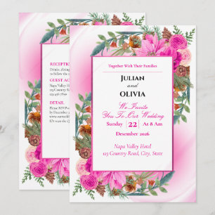 Chic Pink Rose and Pinecone Wedding Invitation