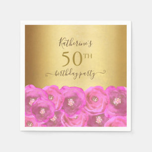 Chic Pink Rose Floral Gold 50th Birthday Party Napkin