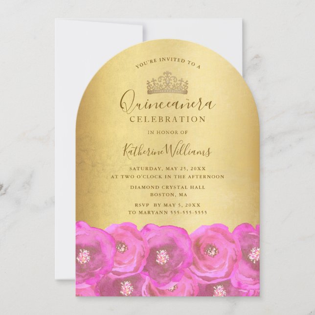 Chic Pink Rose Floral Gold Crown Quinceañera  Invitation (Front)