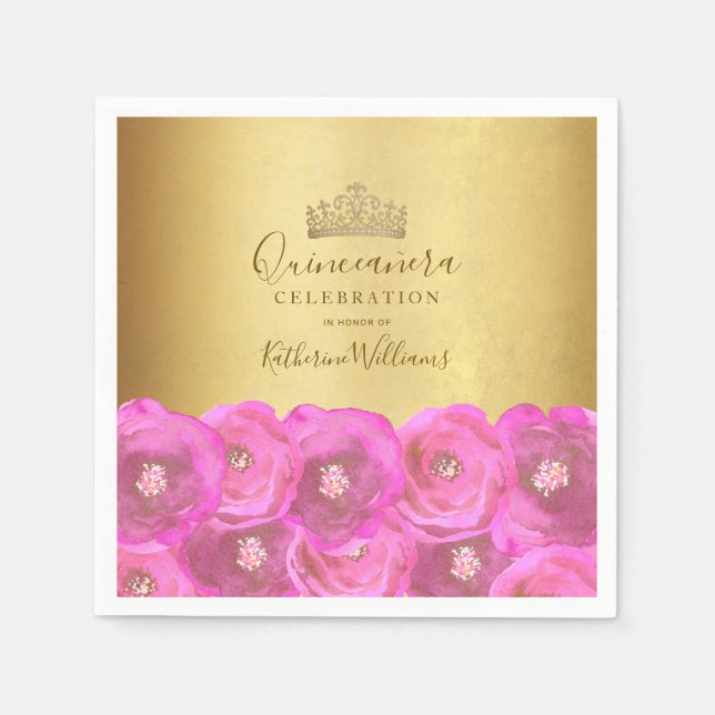 Chic Pink Rose Floral Gold Crown Quinceañera Napkin (Front)