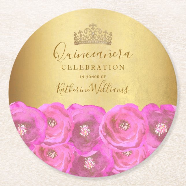 Chic Pink Rose Floral Gold Crown Quinceañera Round Paper Coaster (Front)