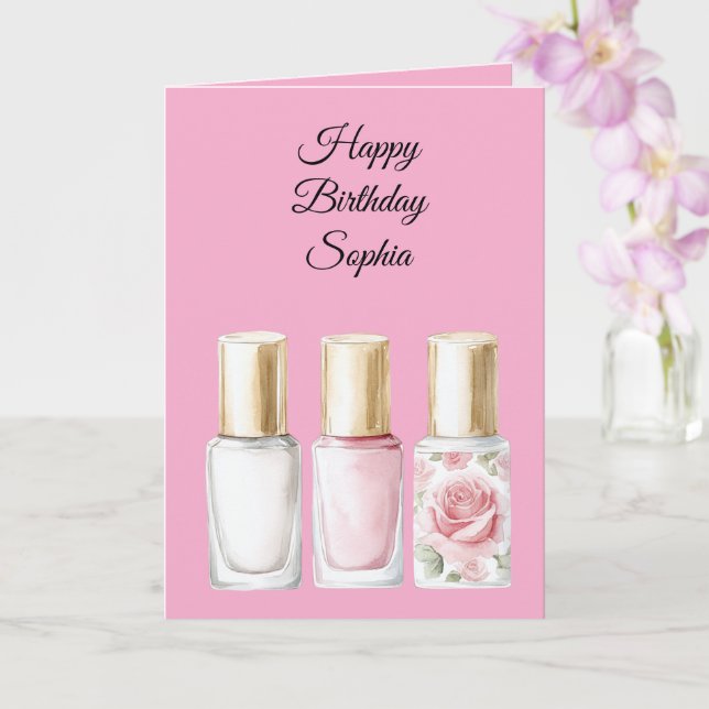 Chic Pink Rose Floral Nail Polish Birthday Card (Orchid)