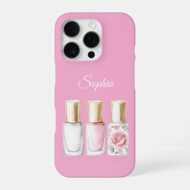 Chic Pink Rose Floral Nail Polish iPhone Case (Back)