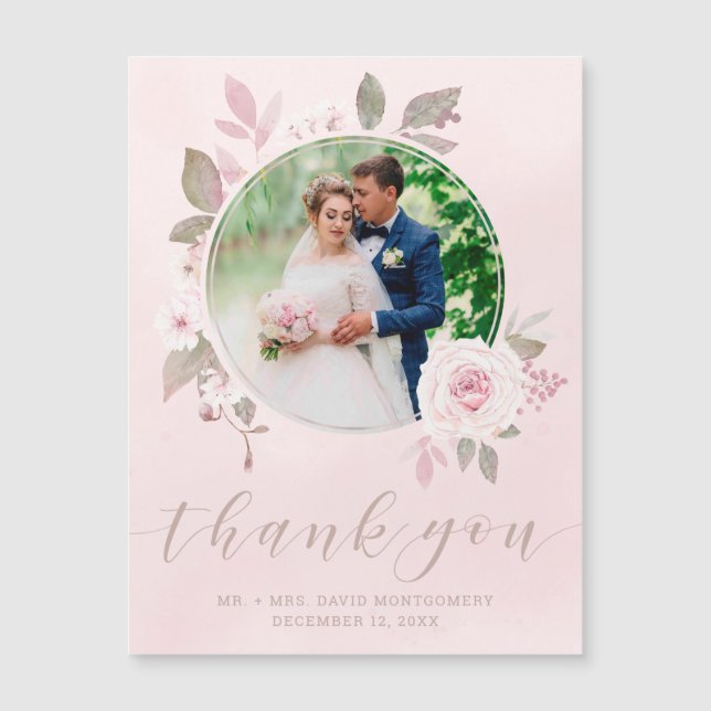 Chic Pink Rose Floral Wedding Photo Thank You (Front)