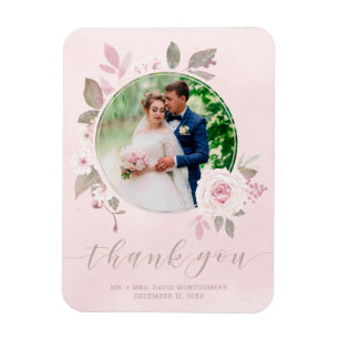 Chic Pink Rose Floral Wedding Photo Thank You Magnet