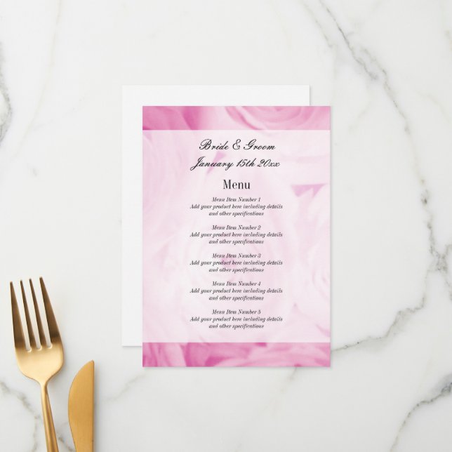 Chic pink rose flower petals wedding menu template (Front/Back In Situ)