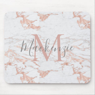 Chic Pink Rose Gold Foil Marble Monogram Mouse Mat