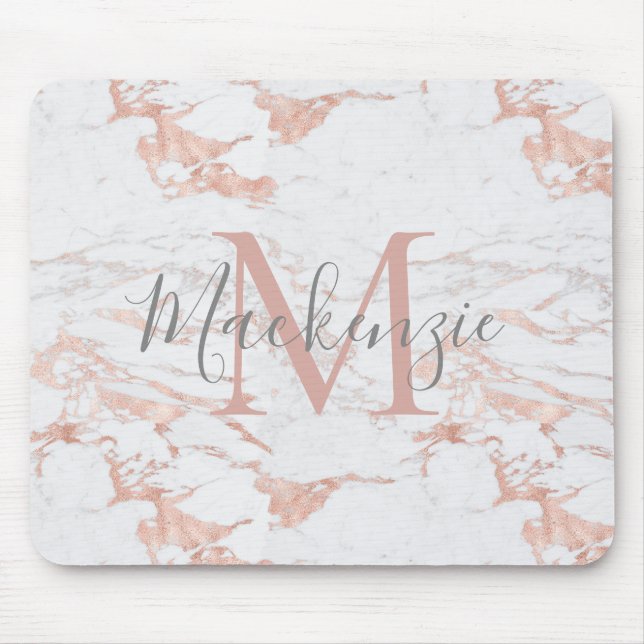 Chic Pink Rose Gold Foil Marble Monogram Mouse Mat (Front)
