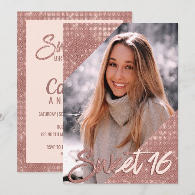 Chic Pink Rose Gold Glitter Border Photo Sweet 16 Invitation (Front/Back)