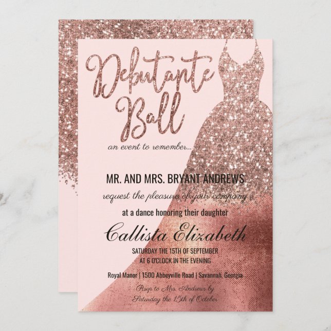Chic Pink Rose Gold Glitter Dress Debutante Dance Invitation (Front/Back)