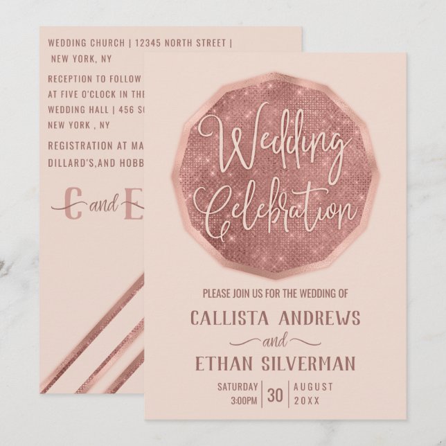 Chic Pink Rose Gold Glitter Polygon Geo Wedding Invitation (Front/Back)