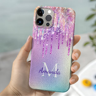 Chic pink rose unicorn dripping glitter monogram iPhone 15 case