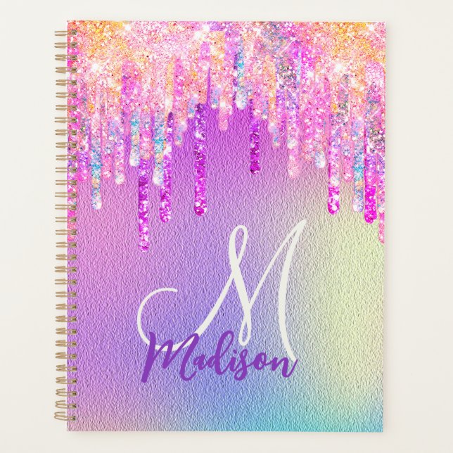 Chic pink rose unicorn dripping glitter monogram planner (Front)