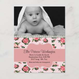 Chic Pink Roses Baby Girl Birth Announcement