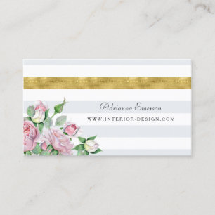 Chic Pink Roses Faux Gold Stripe Interior Design Business Card