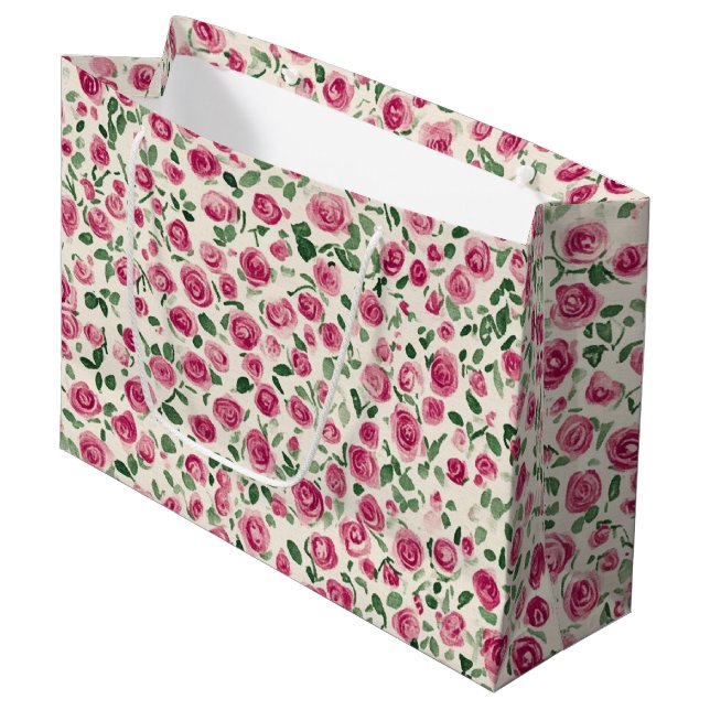 Chic Pink Roses Floral Bridal Shower Large Gift Bag (Front Angled)