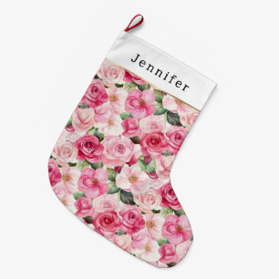 Chic Pink Roses Floral Christmas Large Christmas Stocking