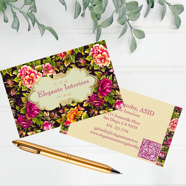 Chic Pink Roses Floral QR Code Business Card (Creator Uploaded)