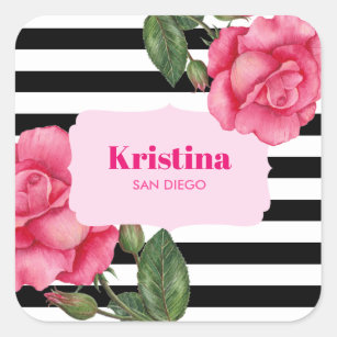 Chic Pink Roses Floral Watercolor Stripes Pattern Square Sticker