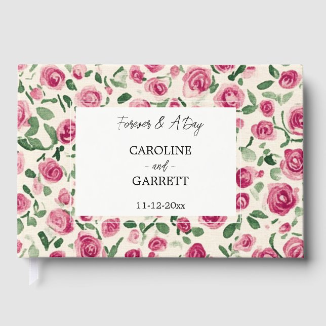 Chic Pink Roses Floral Wedding Guest Book (Front)