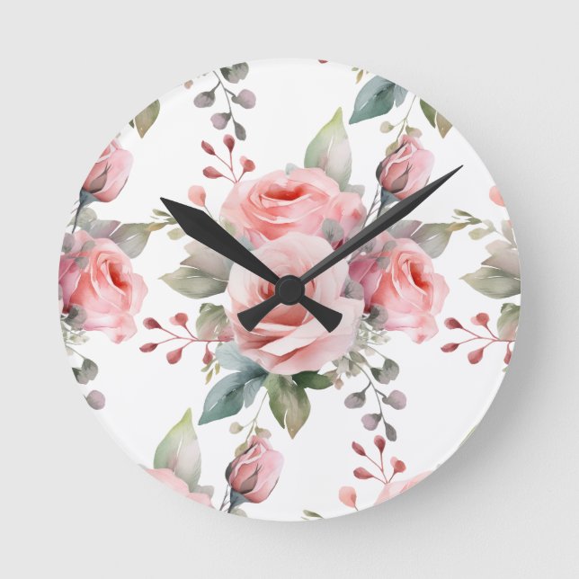 Chic Pink Roses Flowers Floral Clock (Front)