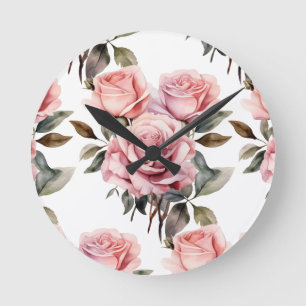 Chic Pink Roses Flowers Floral Clock