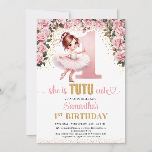 Chic pink roses gold ballerina girl 1st birthday invitation (Front)