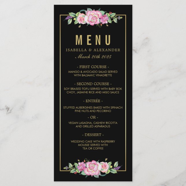 Chic Pink Roses & Gold Black Stripes Wedding Menu (Front)
