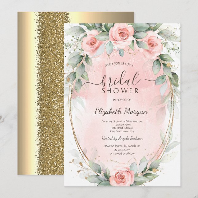 Chic Pink Roses Gold Frame Glitter Bridal Shower  Invitation (Front/Back)