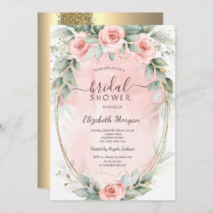 Chic Pink Roses Gold Frame Glitter Bridal Shower  Invitation
