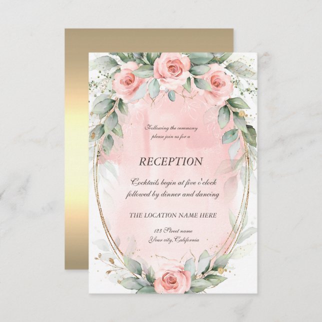 Chic Pink Roses Gold Frame Reception   Invitation (Front/Back)