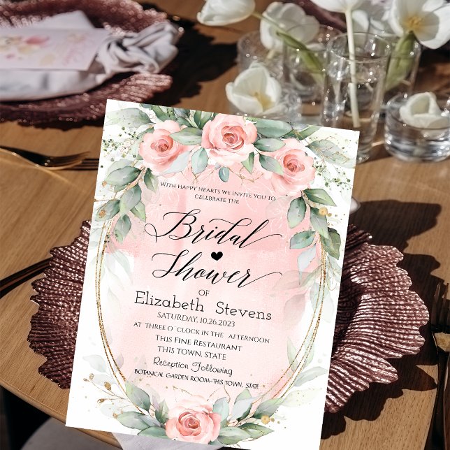 Chic Pink Roses Gold Frame Script Bridal Shower   Invitation (Creator Uploaded)