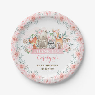 Chic Pink Roses Woodland Baby Shower Girl Birthday Paper Plate