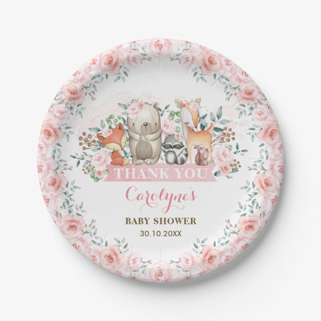 Chic Pink Roses Woodland Baby Shower Girl Birthday Paper Plate (Front)