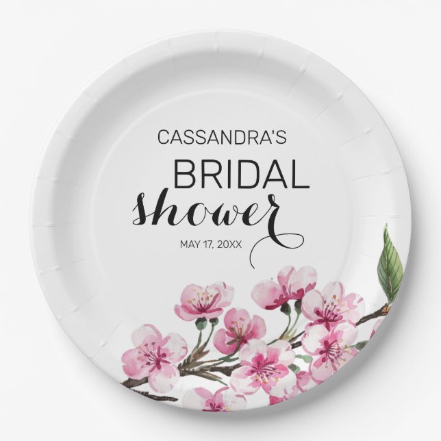 Chic Pink Sakura Floral Botanical Bridal Shower  Paper Plate (Front)