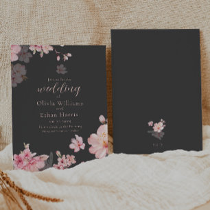 Chic Pink Sakura Flowers on Gray Invitation