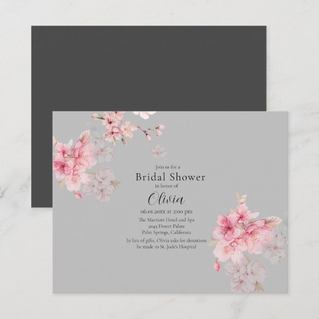 Chic Pink Sakura Flowers on Grey Bridal Shower Invitation (Front/Back)