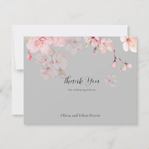 Chic Pink Sakura Flowers on Grey Thank You Card