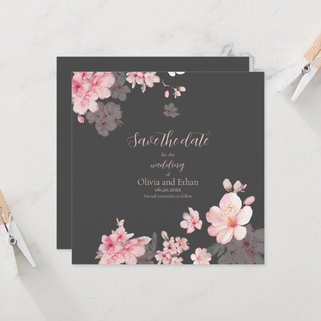 Chic Pink Sakura Flowers on Save the Date Invitation (Front/Back In Situ)