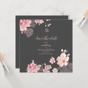 Chic Pink Sakura Flowers on Save the Date Invitation