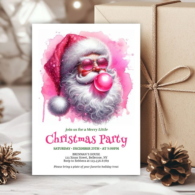 Chic pink santa chewing gum watercolor Christmas  Invitation (Chic pink santa chewing gum watercolor Christmas invite)