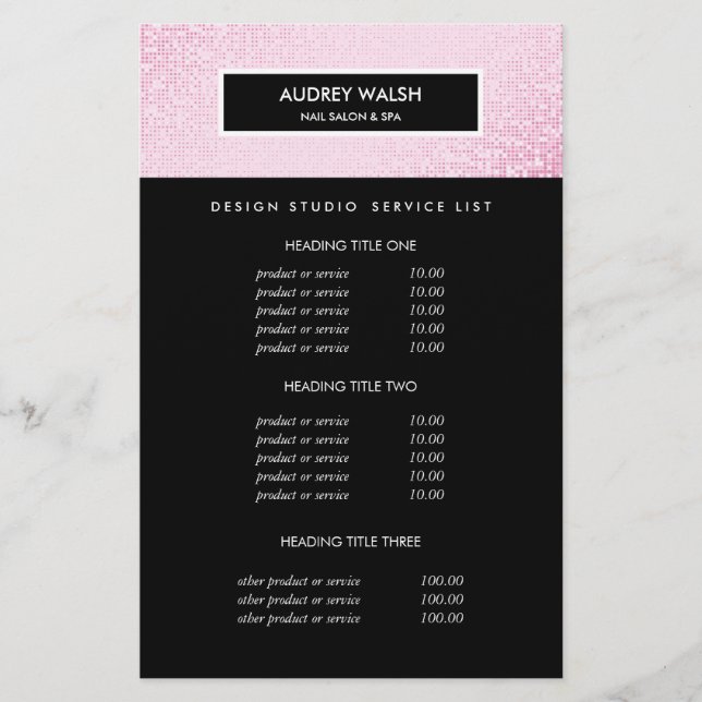 Chic Pink Sequin  Black Salon Pricing & bServices Flyer (Front)