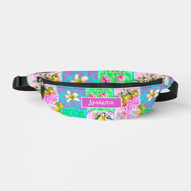 Chic pink sicilian citrus collage floral tiles bum bags (Front)