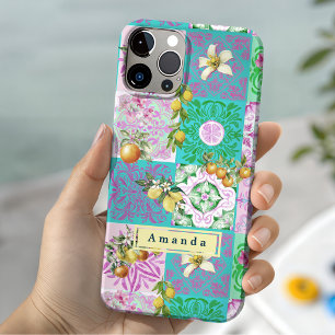 Chic pink sicilian citrus collage floral tiles iPhone 15 case