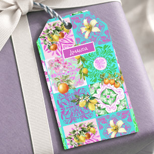 Chic pink sicilian citrus collage floral tiles gift tags
