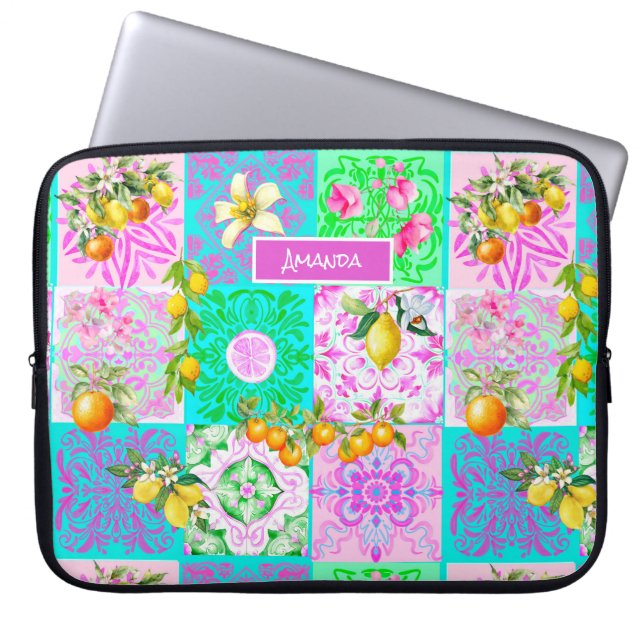 Chic pink sicilian citrus collage floral tiles laptop sleeve (Front)