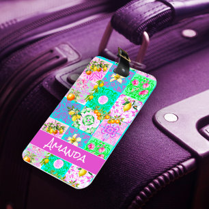 Chic pink sicilian citrus collage floral tiles luggage tag