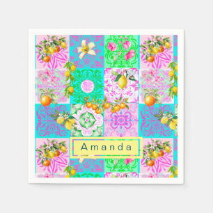 Chic pink sicilian citrus collage floral tiles napkin